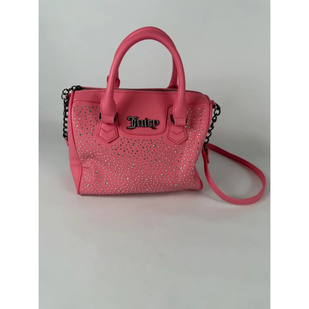 Juicy‎ Couture Pink Rhinestone Mini Satchel Crossbody Bag Gunmetal Logo Charm